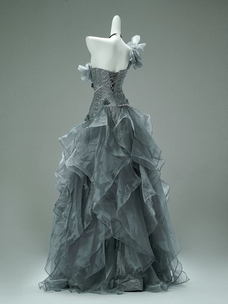 Classy Mermaid One Shoulder Gray With Flowers Date Night Outfits Semi Formal Prom Gown Evening Dresses RB5579