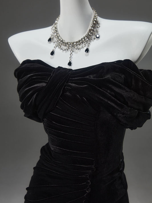 Classy Mermaid Off The Shoulder Black Velvet With Folded Date Night Outfits Semi Formal Prom Gown Evening Dresses RB5585