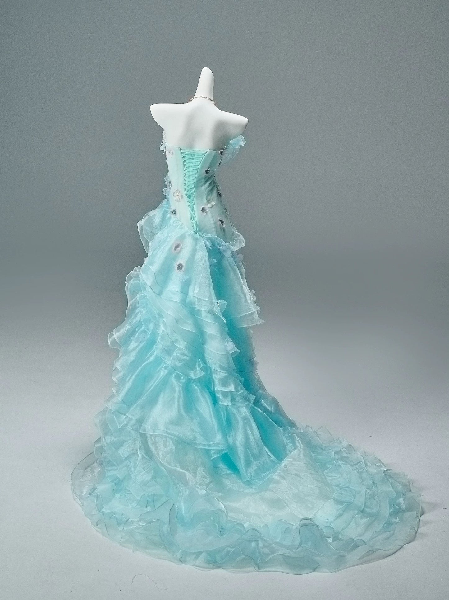 Modest Mermaid Strapless Blue With Ruffled Date Floor Length Night Birthday Outfit Formal Prom Dresses RB5503