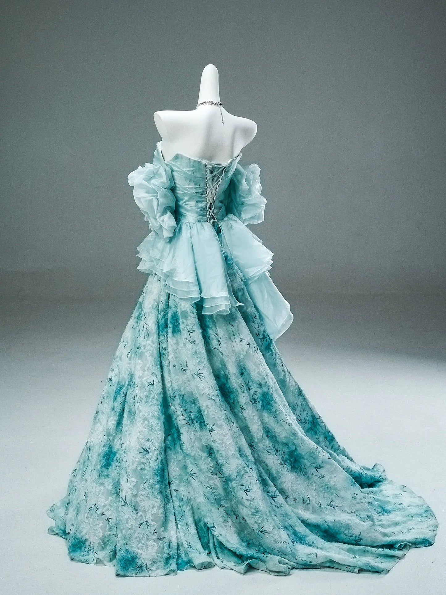 Modest Ball Gown Strapless Blue With Ruffled Sleeves Date Night Birthday Outfit Formal Prom Dresses RB5505