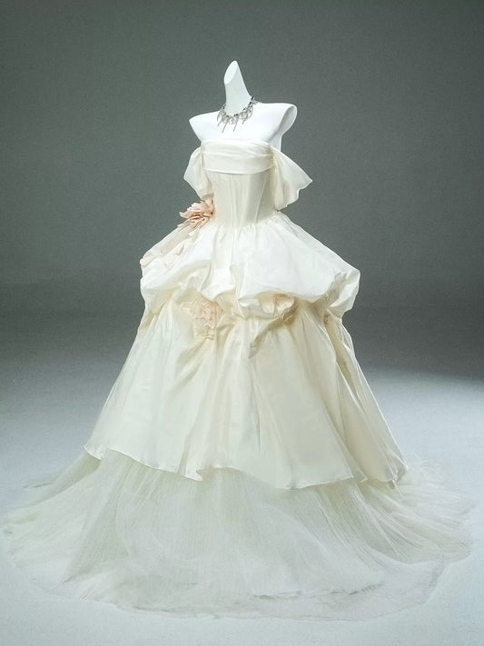 Princess Style Ball Gown Off The Shoulder White Satin With Flowers Long 15 Quinceanera Dresses Photo Ideas Formal Outfit RB5510