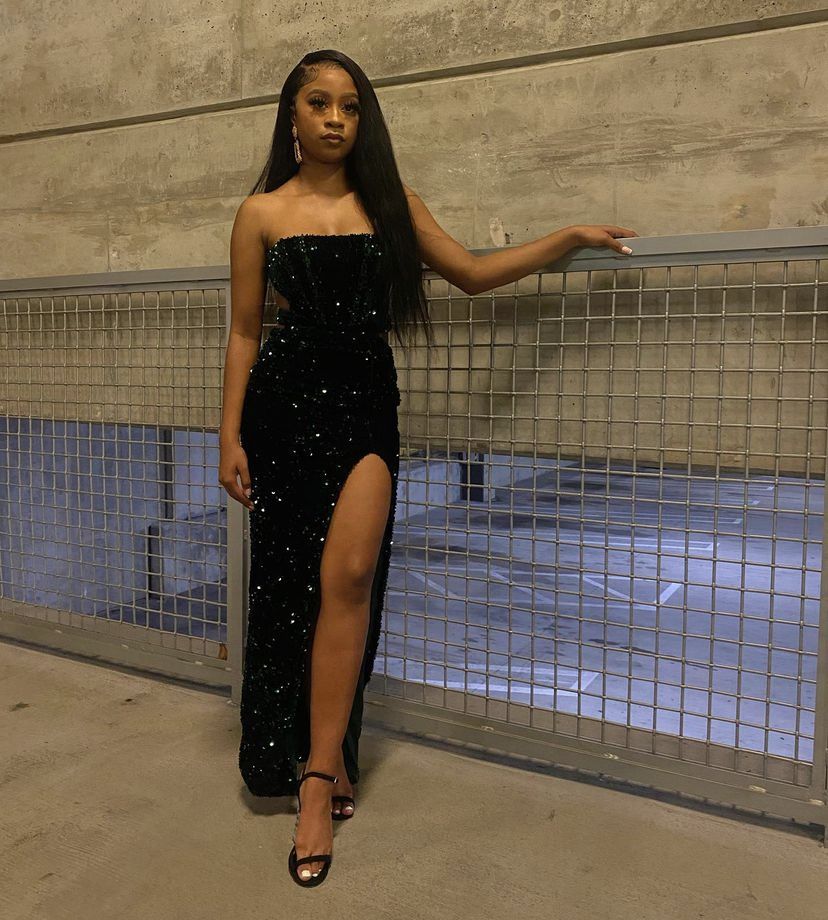 Modest Sheath Strapless Split Black Sequin Prom Evening Dresses High School For Black Girls Senior Night Dance Party Outfits N012