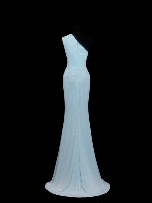 Chic Mermaid One Shoulder Light Sky Blue Pleated Ruffle Sequin Long Prom Dresses Inspiration Evening Gowns Formal Party Dress N153