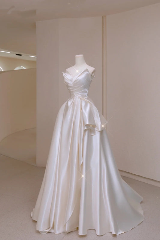 Timeless Wedding Dresses A Line Off The Shoulder Short Sleeves Satin Pleated Brides Dress Fitted Long Bridal Gowns N159