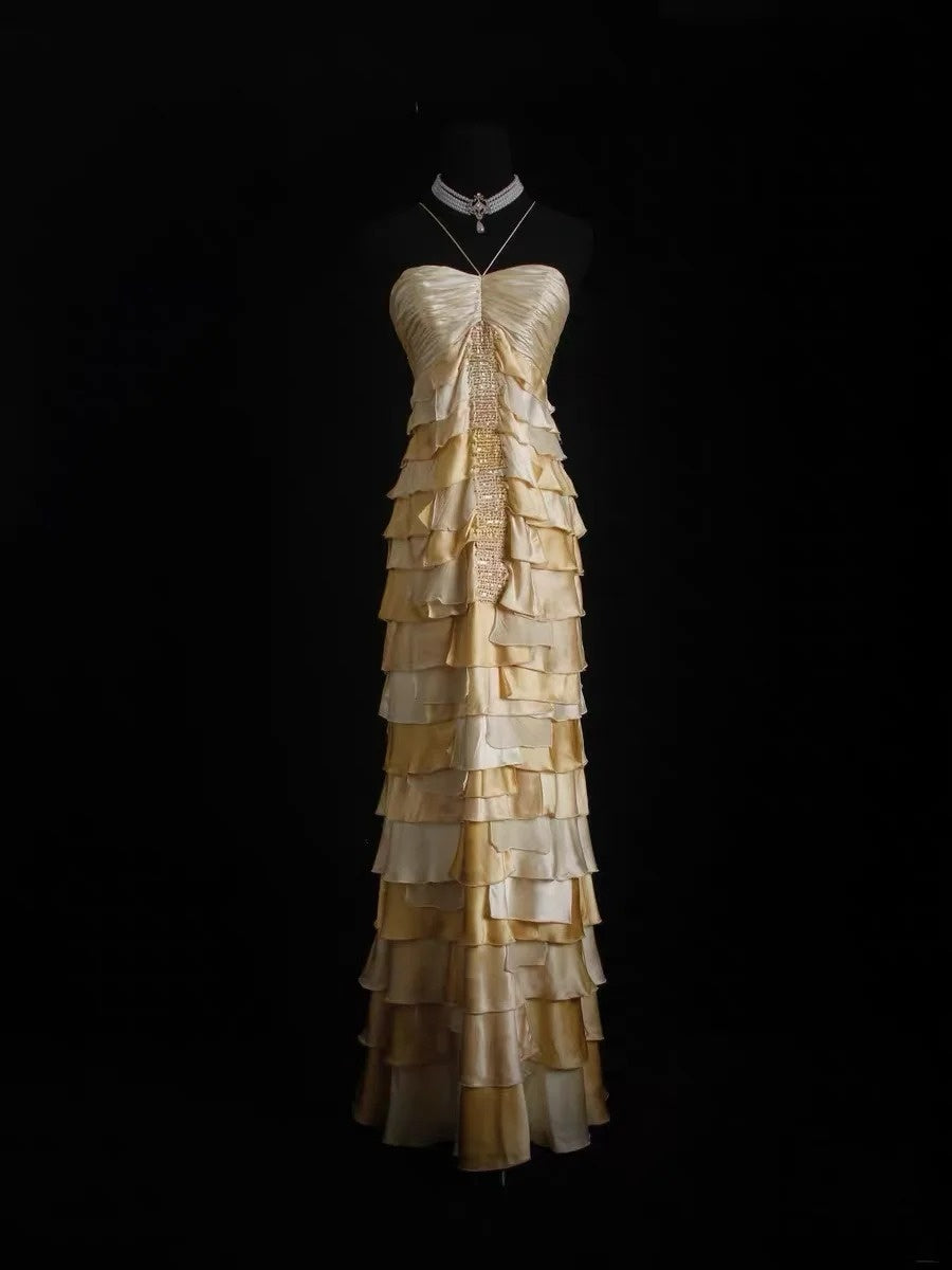 Vintage Prom Dresses Aesthetic A line Halter Yellow With Layered Tiered Bodice Inspo Formal Party Gown N164