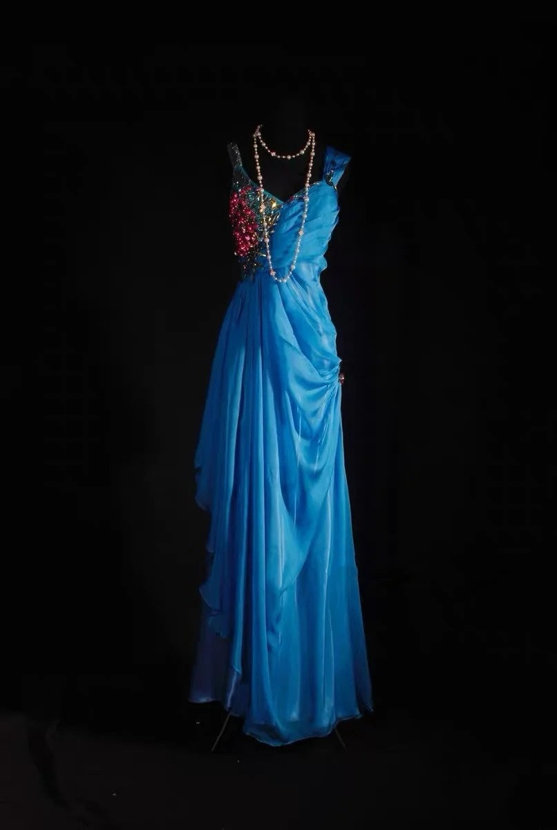 Simple A line Straps Blue Chiffon Long Prom Dresses Inspiration Evening Gowns Formal Party Prom Dress N188