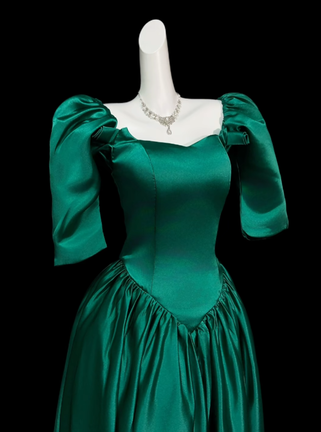 A Line Square Neck Green Satin With Sleeves Summer Birthday Elegant Outfit Wedding Guest Dresses N4337