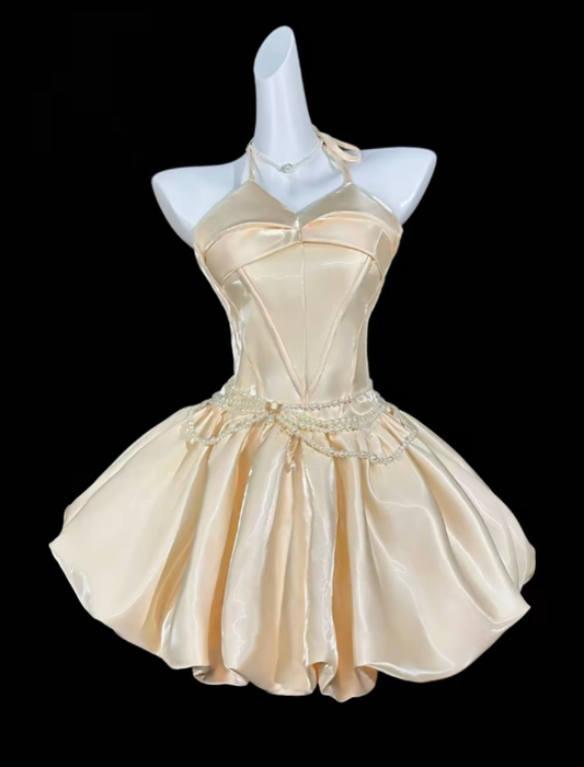 Sweet Ball Gown Halter Light Yellow Short Mini Party Cocktail Homecoming Dresses N4366