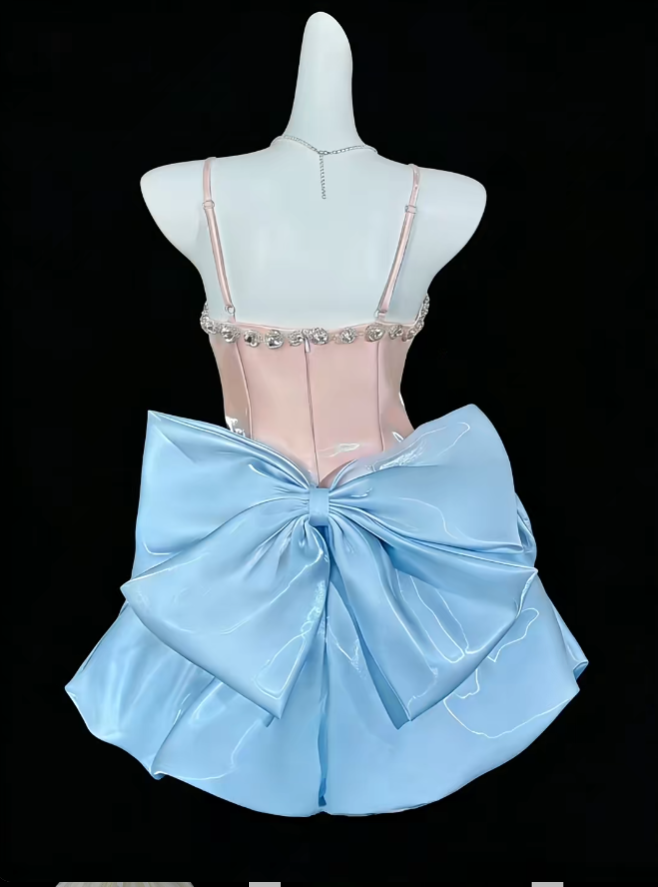 Sweet Ball Gown Spaghetti Strap Blue Pink Organza Short Mini Party Cocktail Homecoming Dresses N4418