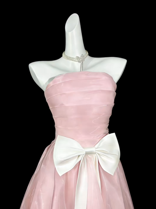 Modest Ball Gown Strapless Pink Tea Length Evening Dresses Night Date Prom Dress For Women N4423