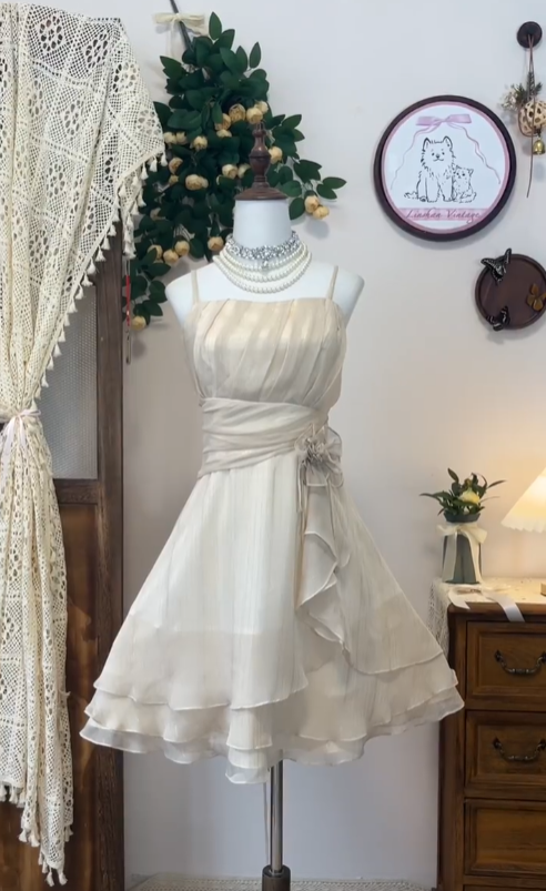 Pretty A Line Spaghetti Strap Champagne Chiffon Mini Senior Short Graduation High School Homecoming Dresses N4574