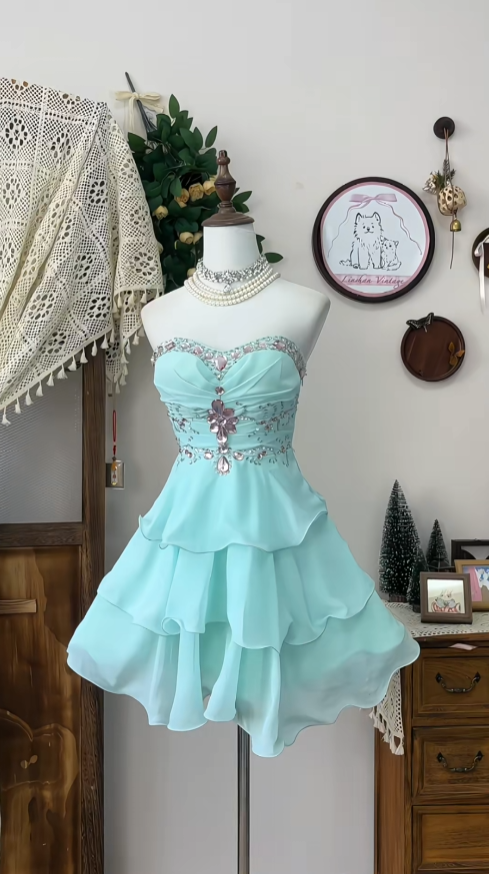 Cute Ball Gown Sweetheart Blue Chiffon With Beading Senior Short Formal Graduation Inspo Homecoming Dresses N4578