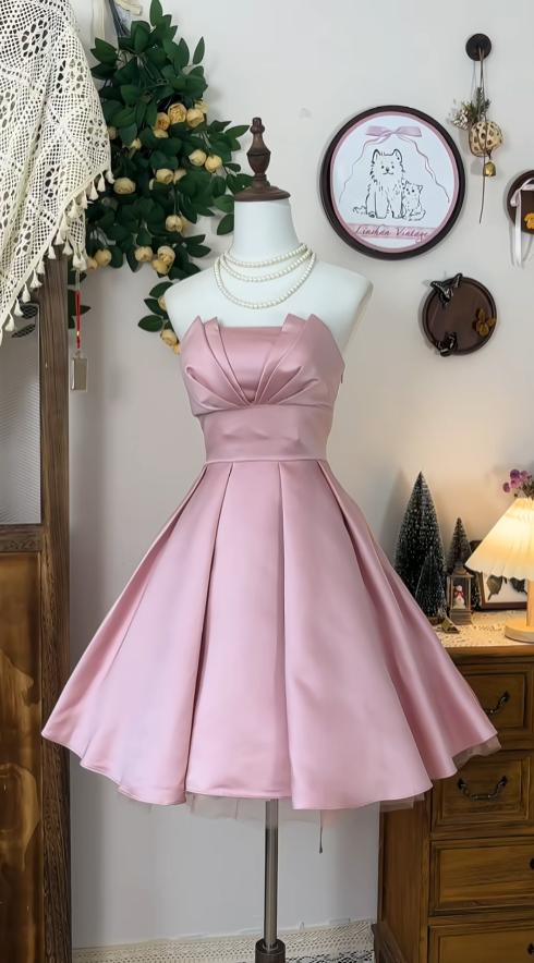 Cute Ball Gown Strapless Pink Satin Dance Senior Short Formal Graduation Inspo Homecoming Dresses N4582