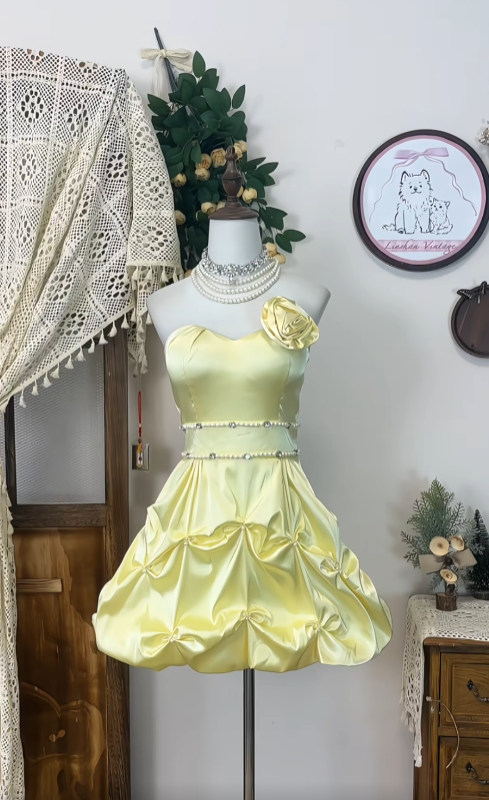 Cute Ball Gown Sweetheart Yellow Satin With Beading Senior Short Formal Graduation Inspo Homecoming Dresses N4586