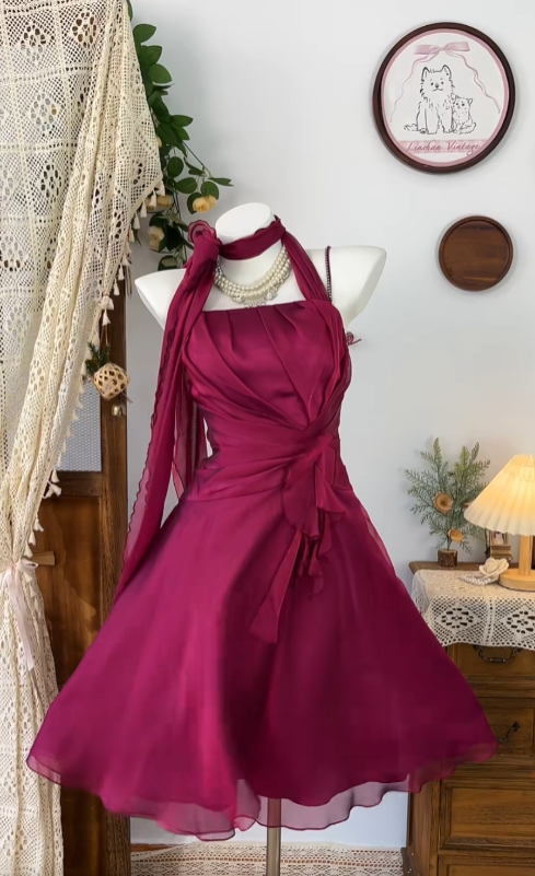 Simple A Line Halter Sleeveless Fuchsia Chiffon Dance Senior Short Inspo Formal Graduation Inspo Homecoming Dresses N4615