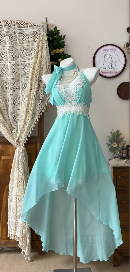 Cute Ball Gowns Tiffany Blue Chiffon Halter Lace Senior Formal Graduation Inspo Homecoming Dresses N4617