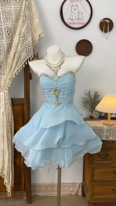 Beautiful Ball Gown Sweetheart Blue Chiffon With Beading Senior Short Formal Graduation Inspo Homecoming Dresses N4621
