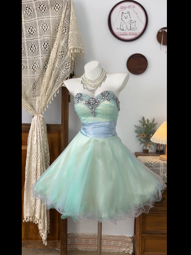 Beautiful Ball Gown Sweetheart Sage Green Tulle With Beading Senior Short Formal Graduation Inspo Homecoming Dresses N4630