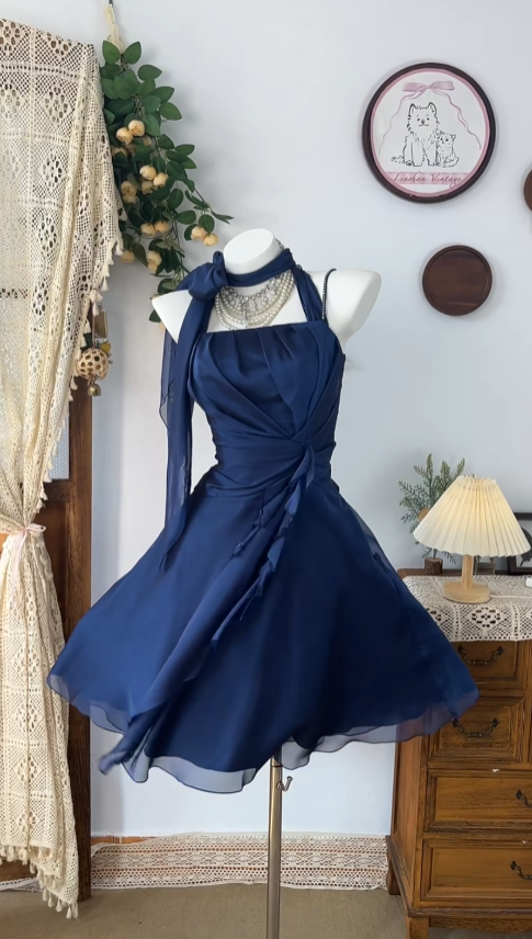 Lovely Ball Gowns Halter Navy Blue Chiffon Mini Senior Short Graduatio – RubyFashionDress