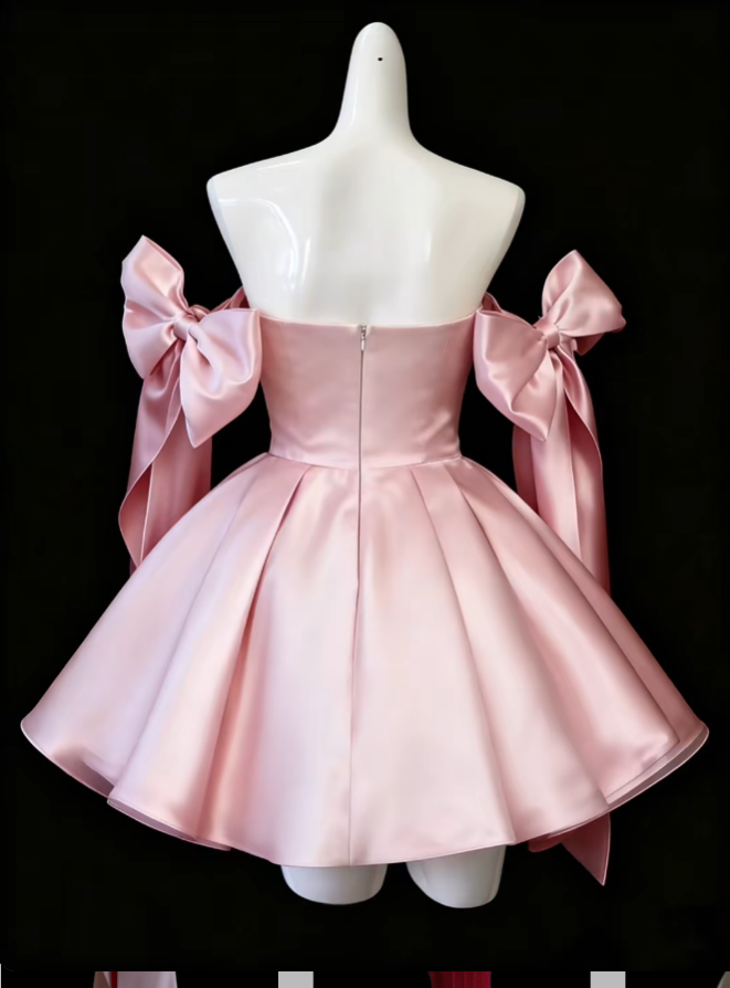 Pretty Ball Gown Strapless Pink Satin With Bow Senior Inspo Graduation High School Short Homecoming Dresses N4678