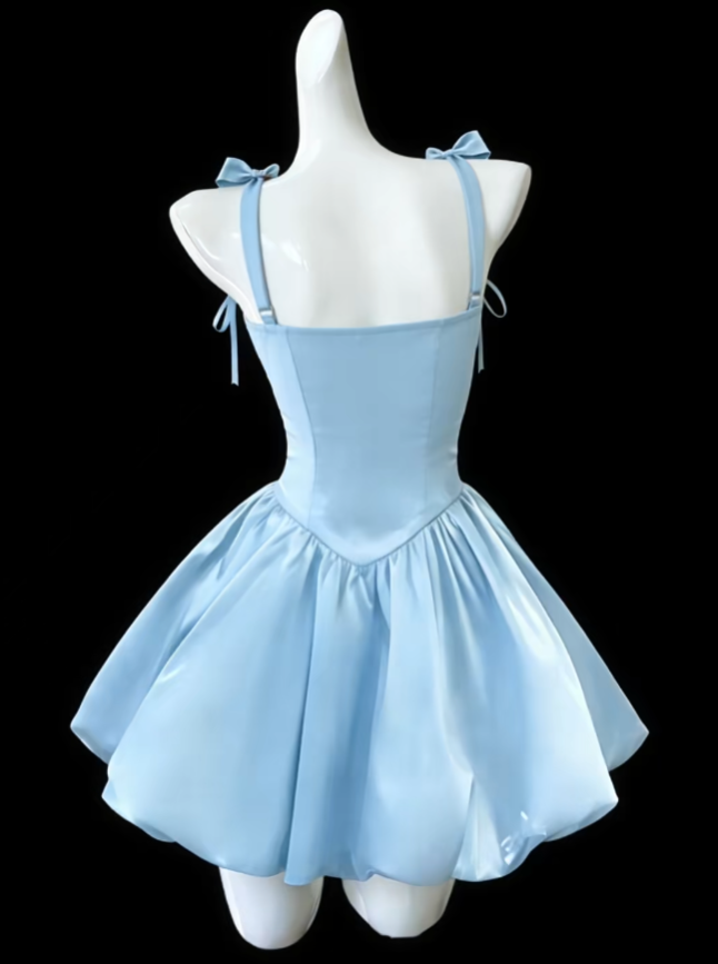 Fashional Ball Gowns Spaghetti Strap Blue Satin Mini Senior Short Hoco Gowns High School Homecoming Dresses N4685