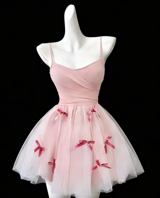 Unique Ball Gowns Spaghetti Strap Pink Tulle Mini Senior Short Hoco Gowns High School Homecoming Dresses N4686