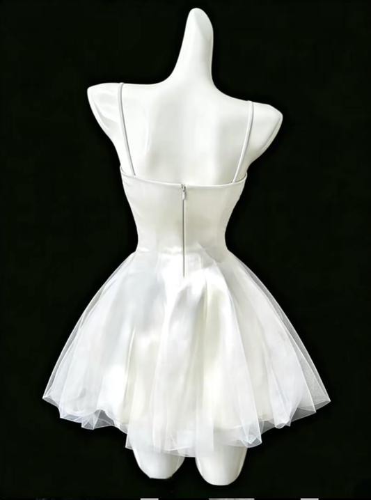 Pretty A Line Spaghetti Strap White Tulle Mini Senior Inspo Graduation High School Short Homecoming Dresses N4691