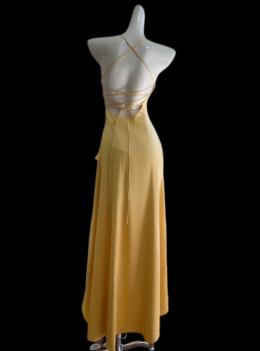 Sexy Prom Dresses High Low Spaghetti Strap Yellow With Split Evening Long Formal Dress N4695