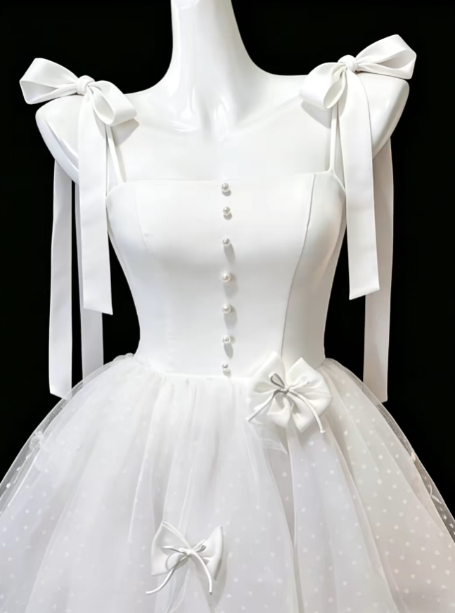 Pretty Ball Gown Spaghetti Strap White Tulle With Bow Mini Senior Inspo Graduation Short Homecoming Dresses N4696