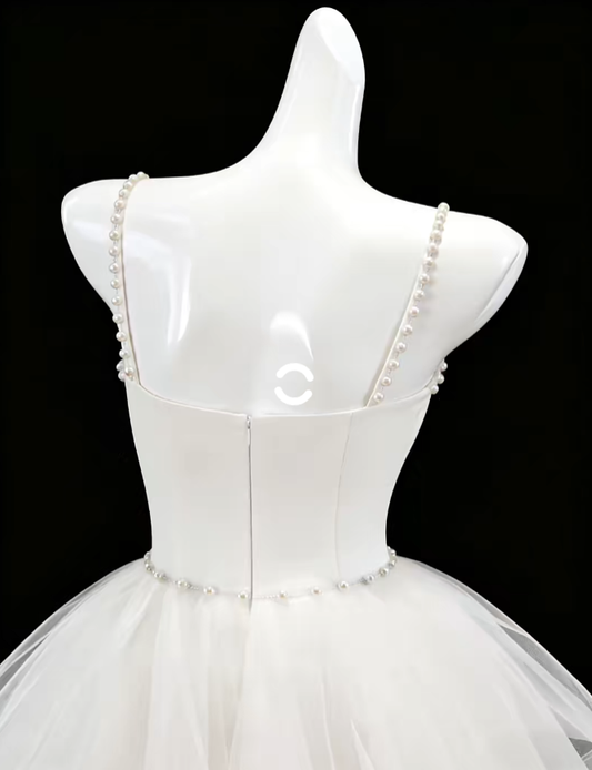 Pretty Ball Gown Spaghetti Strap White Tulle With Pearls Mini Senior Inspo Graduation Short Homecoming Dresses N4697