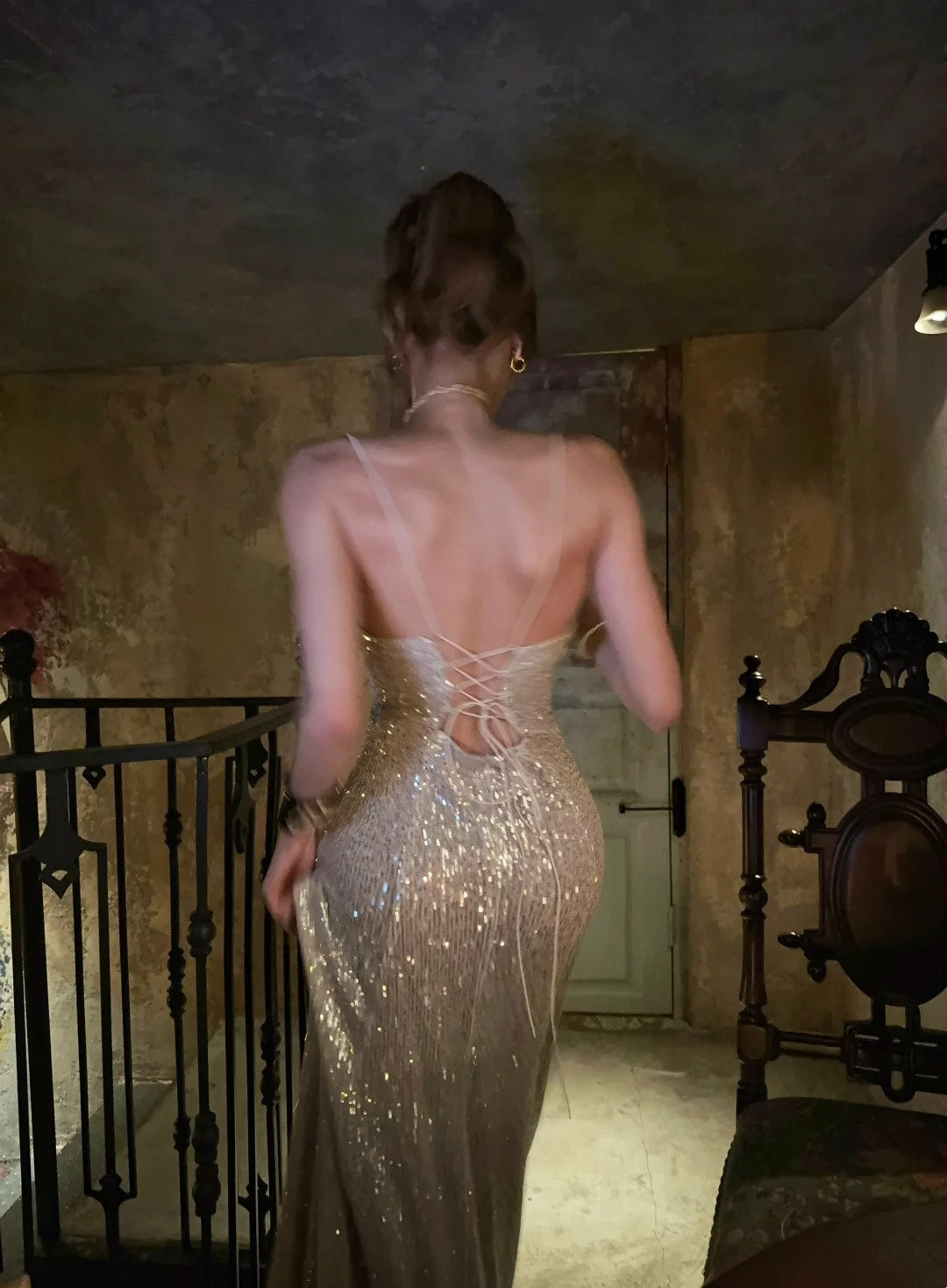 Glittering Mermaid Spaghetti Strap Champagne With Corset Back Long Prom Dresses Inspiration 18th Birthday Outfits Formal Dress N471