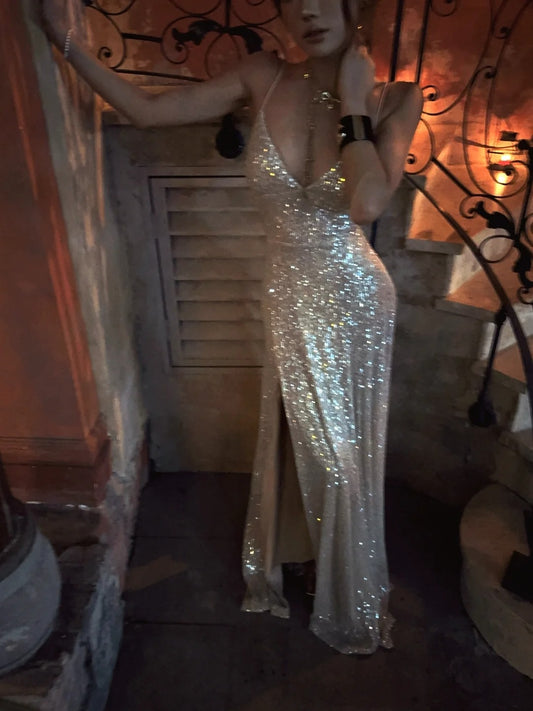 Glittering Mermaid Spaghetti Strap Champagne With Corset Back Long Prom Dresses Inspiration 18th Birthday Outfits Formal Dress N471