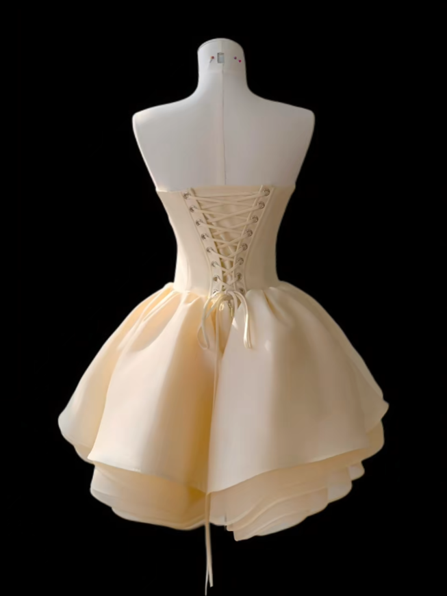 Modest Ball Gown Strapless Yellow Satin Mini Senior Short Hoco Gown High School Homecoming Dresses N4706