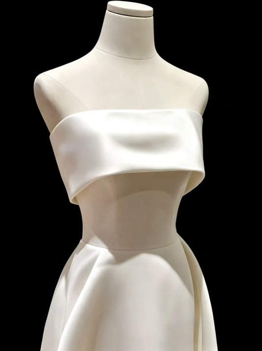 Simple A line Strapless Sleeveless Long Satin Garden White Wedding Dresses N4711