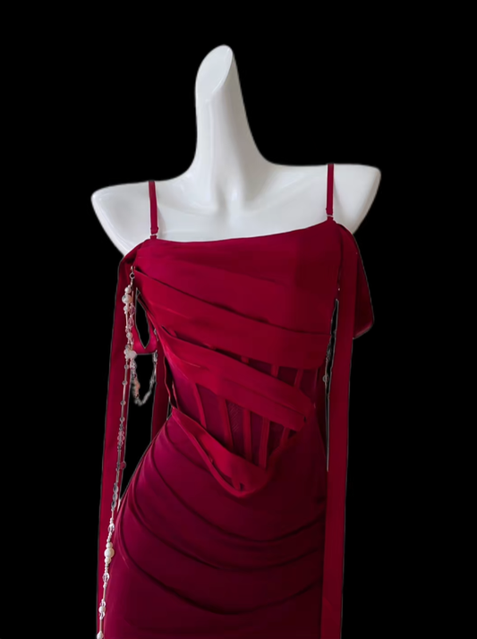 Sexy Prom Dresses Mermaid Spaghetti Strap Red With Fold Evening Long Formal Dress N4726