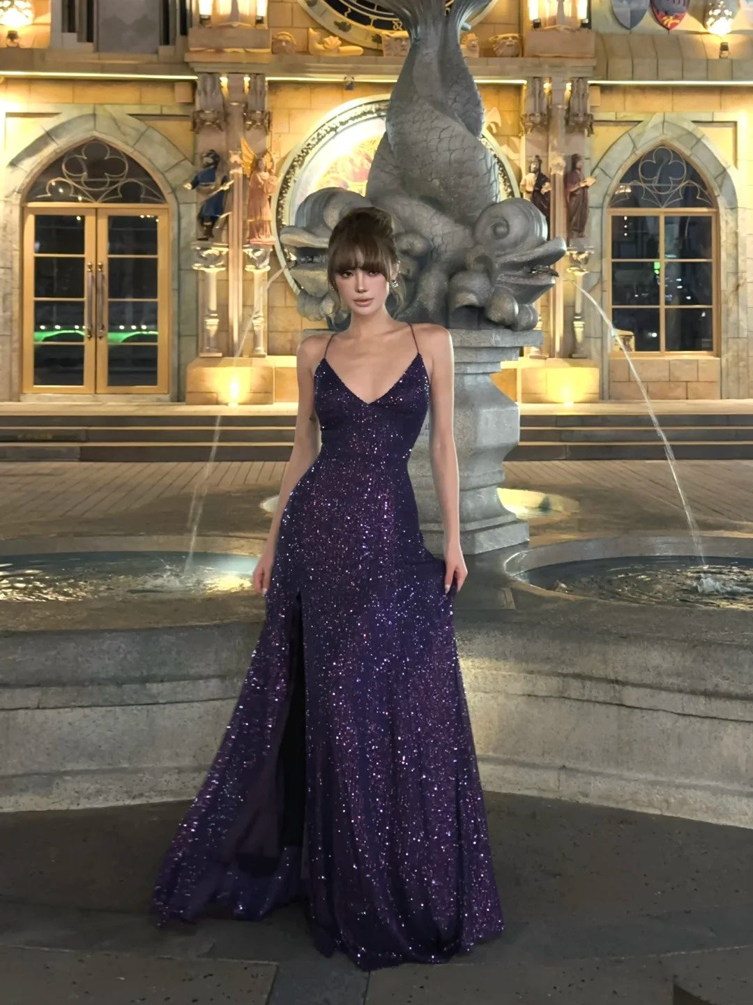 Classy Mermaid Spaghetti Strap Purple Sequined Prom Dress Long 18th Birthday Party Gowns Formal Dresses N479