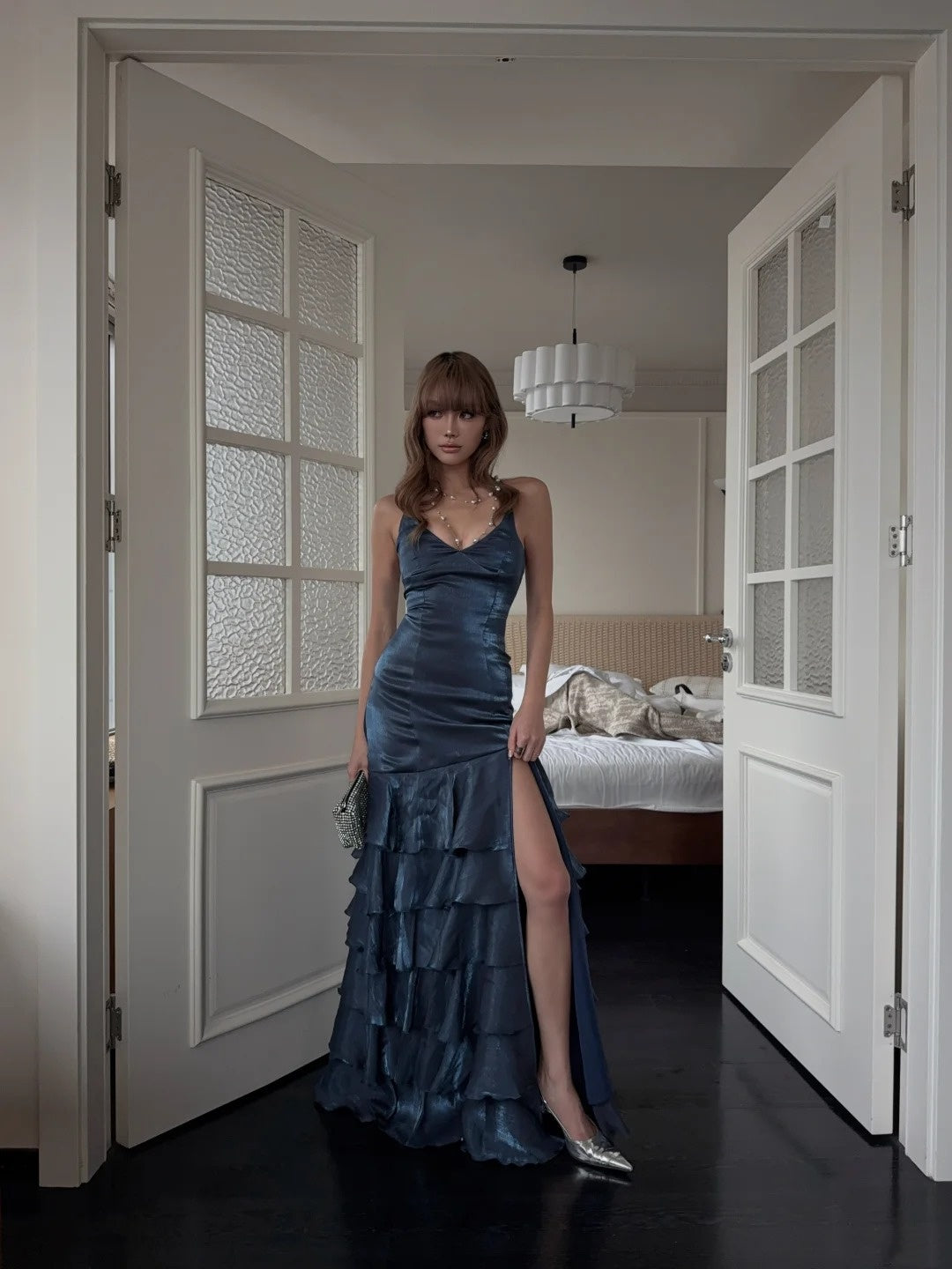 Whimsical Mermaid Spagehtti Strap Long Prom Dress Glitter Navy Blue Long Formal Birthday Dresses N481