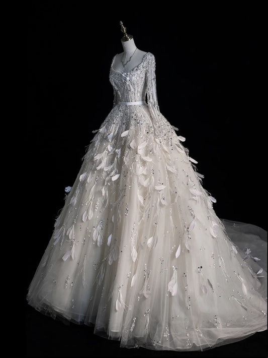 Civil Wedding Dresses Ball Gown Square Neck White Tulle With Long Sleeves Feathers Bodice Brides Dress Fitted Bridal Gowns N612