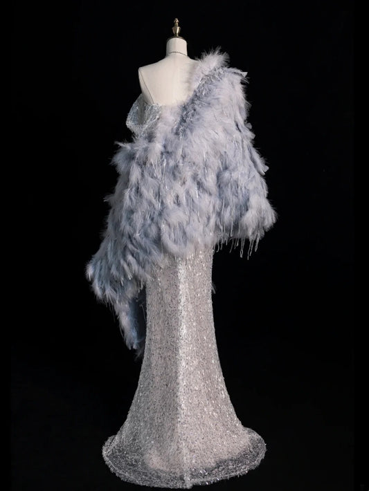 Whimsical Mermaid Sweetheart Silver Gray Sequin Pleated Bodice With Feathers Cape Long Prom Dresses Night Formal Dress N615