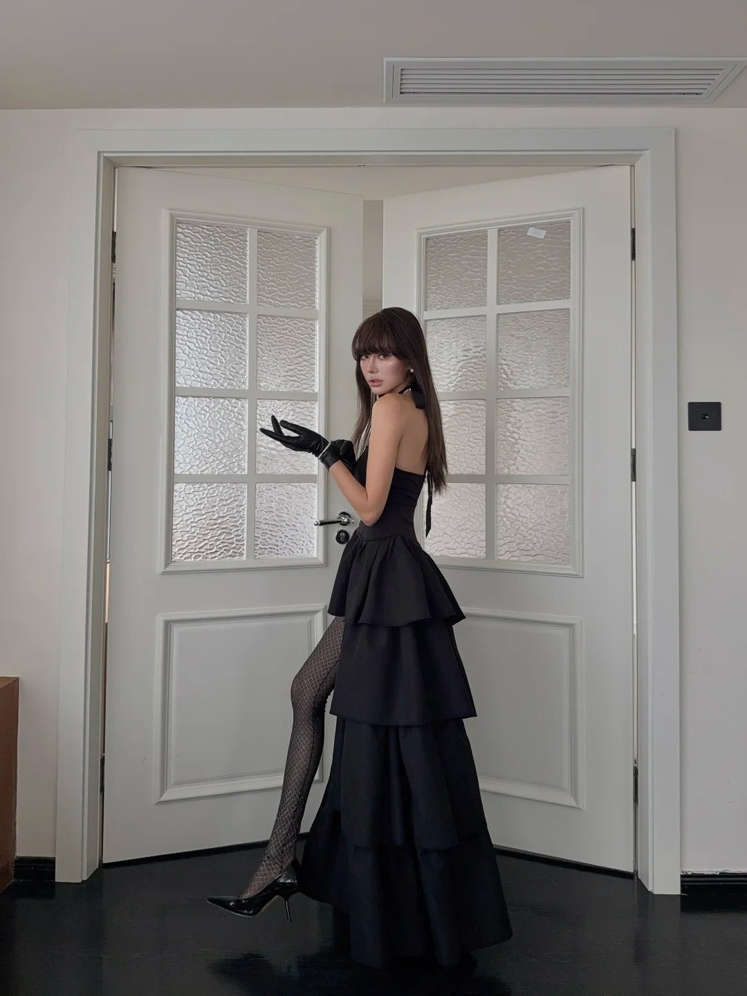 Sexy High Low Halter Black Tie Wedding Guest Dress Satin Ruffles Long Prom Dresses Night Semi Formal Gown N693