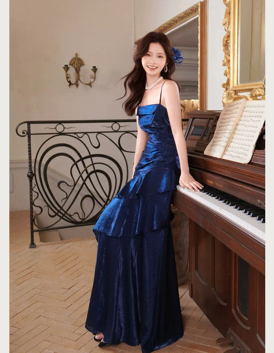 Princess Mermaid Spaghetti Strap Satin Royal Blue Long Prom Dresses Party Dress 18th Birthday Outfits Graduation Gown N877