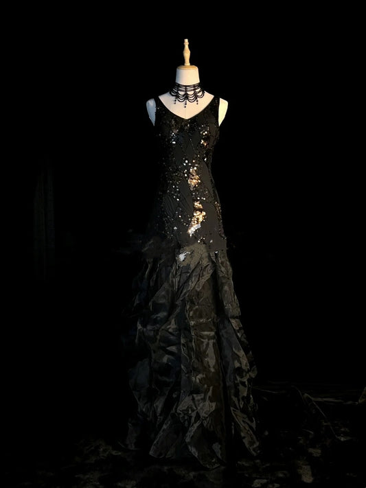 Vintage Mermaid V Neck 1950s Satin Black With Beaded Gem Long Prom Dresses Party Dress 18th Birthday Outfits Graduation Dress N920