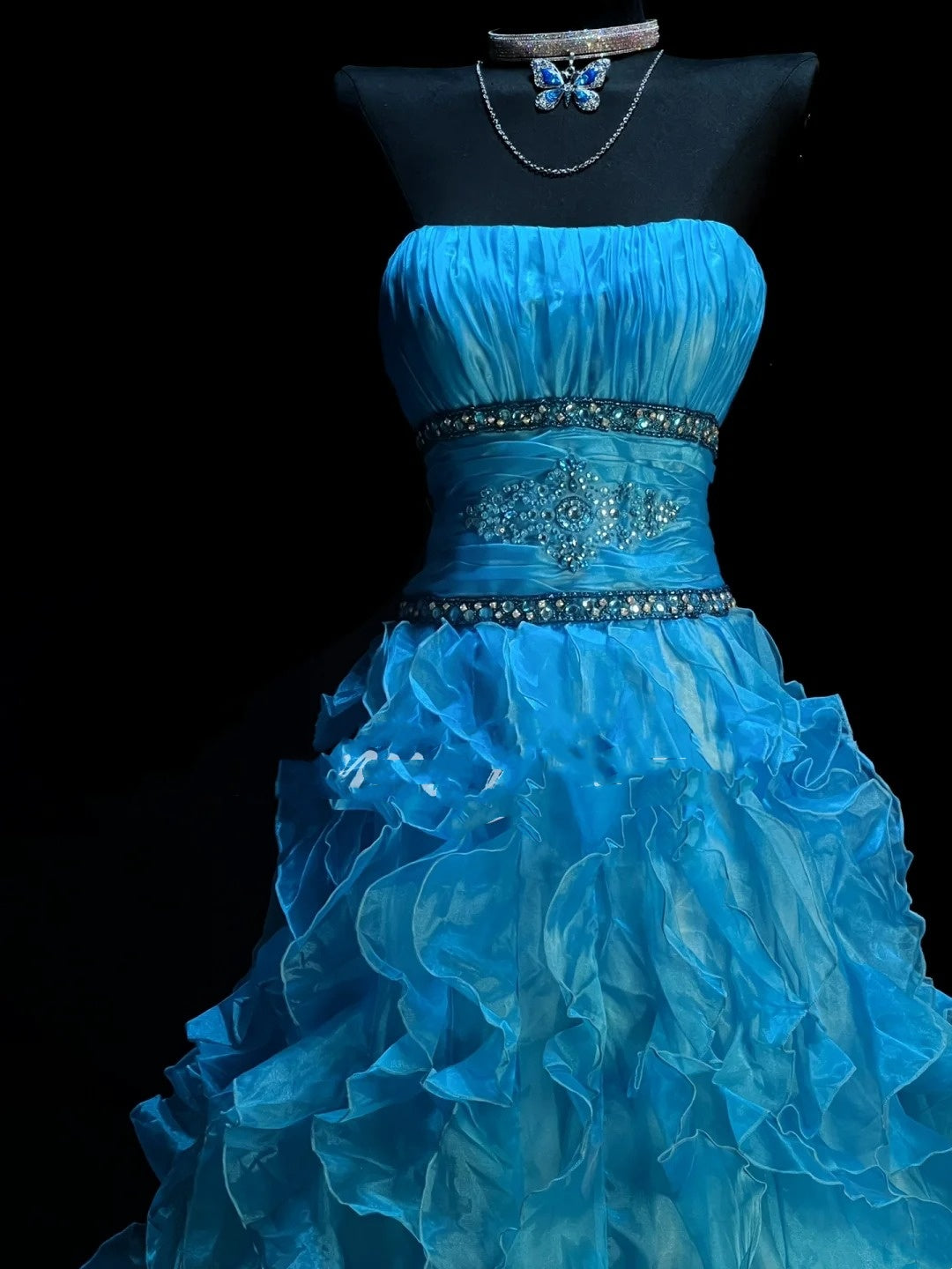 Modest Ball Gown Strapless Blue Organza Long Prom Dresses Party Dress 21st Birthday Outfits Graduation Gown N921