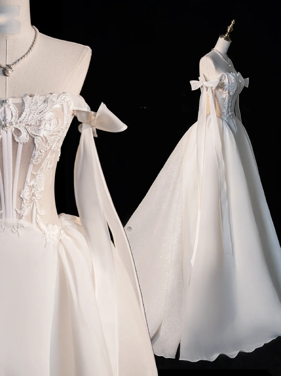 Modest Ball Gown Strapless With Bow-knot White Satin Wedding Dress Long Fairytale Autumn Bridal Dresses N517
