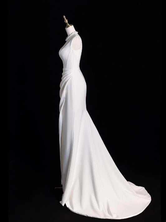 Charming Mermaid Square Neck Satin Summer With Slit Wedding Dress Long Fairytale Autumn Bridal Dresses N521