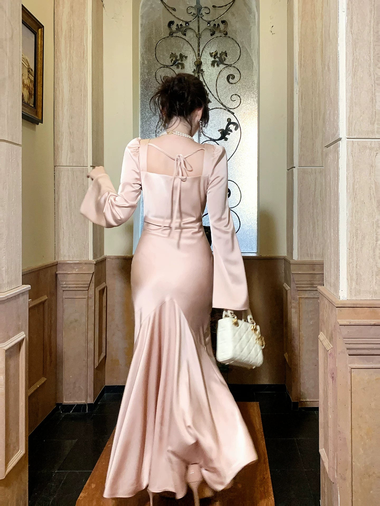 Modest Mermaid Square Neck Pink Satin Long Sleeves Prom Dresses Wedding Guest Dress 16th Birthday Outfits AB2446