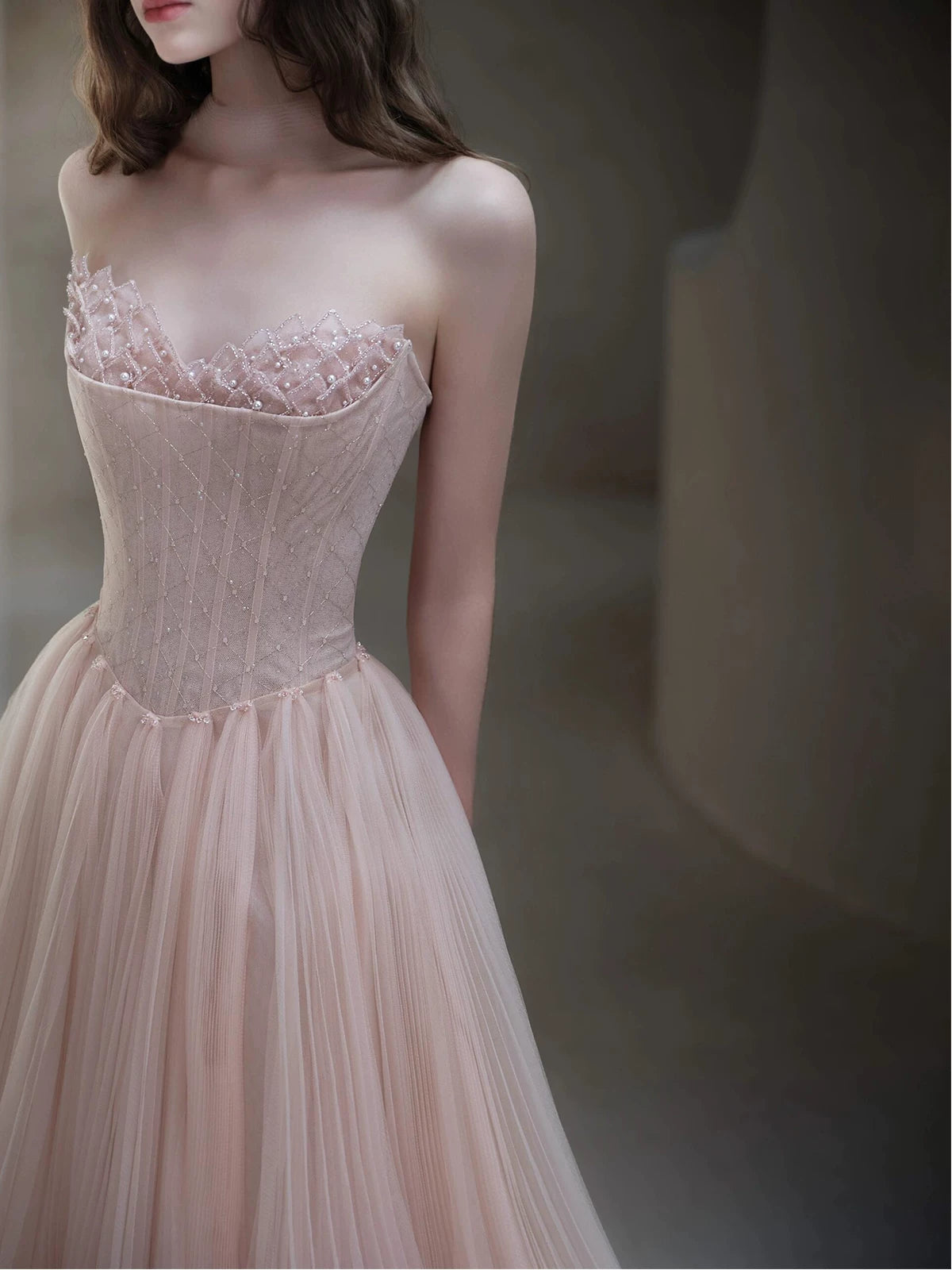 Classy A line Strapless Light Pink Tulle Long Formal Prom Dresses Dance Night Outfits Party Gowns AB2199
