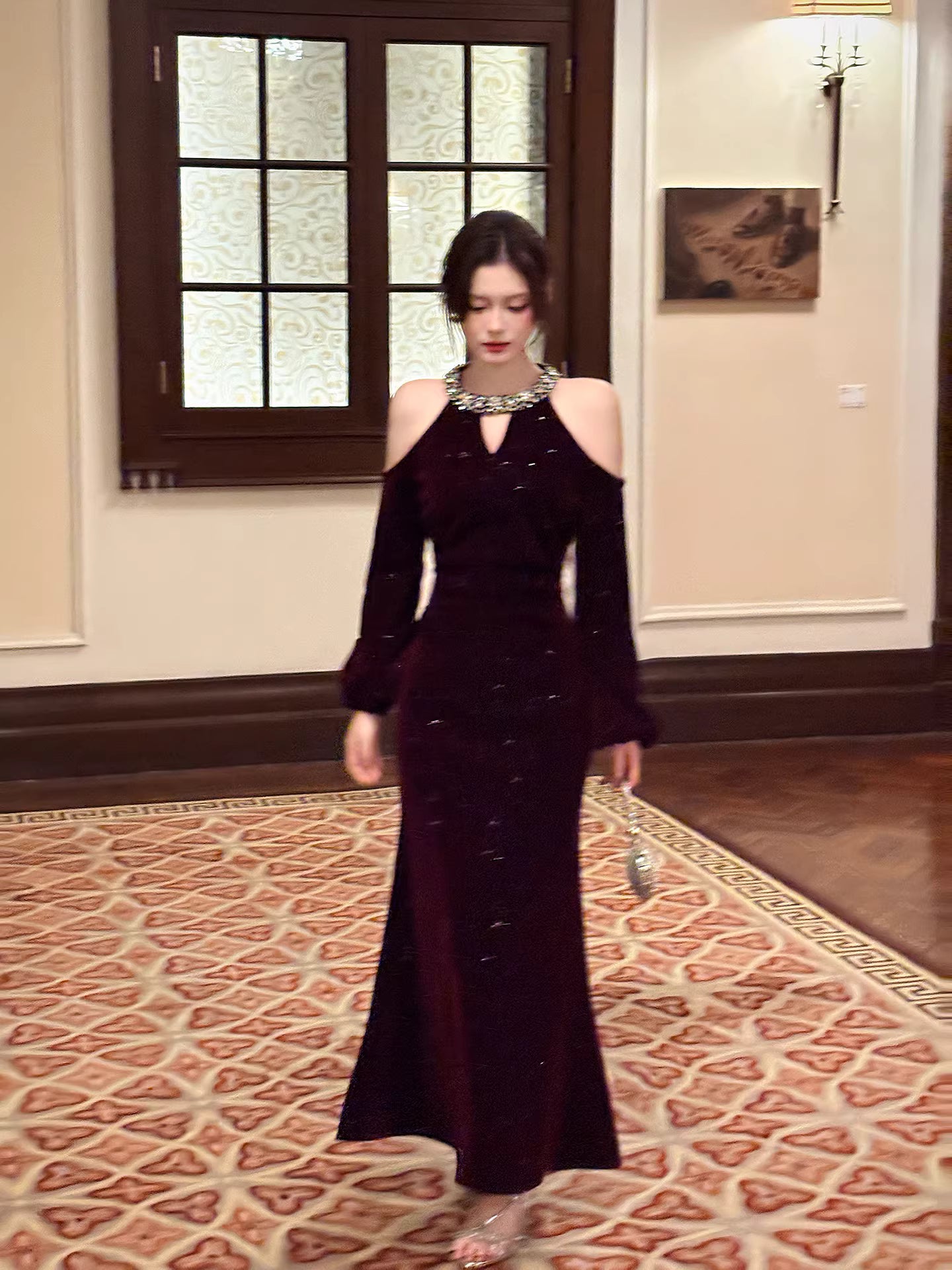 Sexy Mermaid Jewel Neck Burgundy Velvet Long Sleeves Ankle Length Prom Dresses Wedding Guest Dress 22th Birthday Outfits AB2499