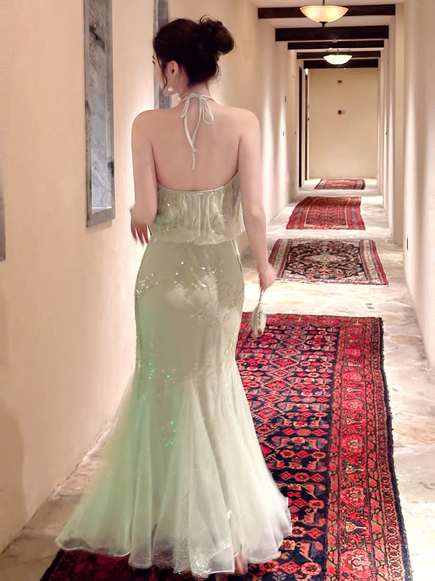 Sexy Mermaid Halter Mint Green Sequins Ankle Length Prom Dresses Wedding Guest Dress 20th Birthday Outfits AB2479