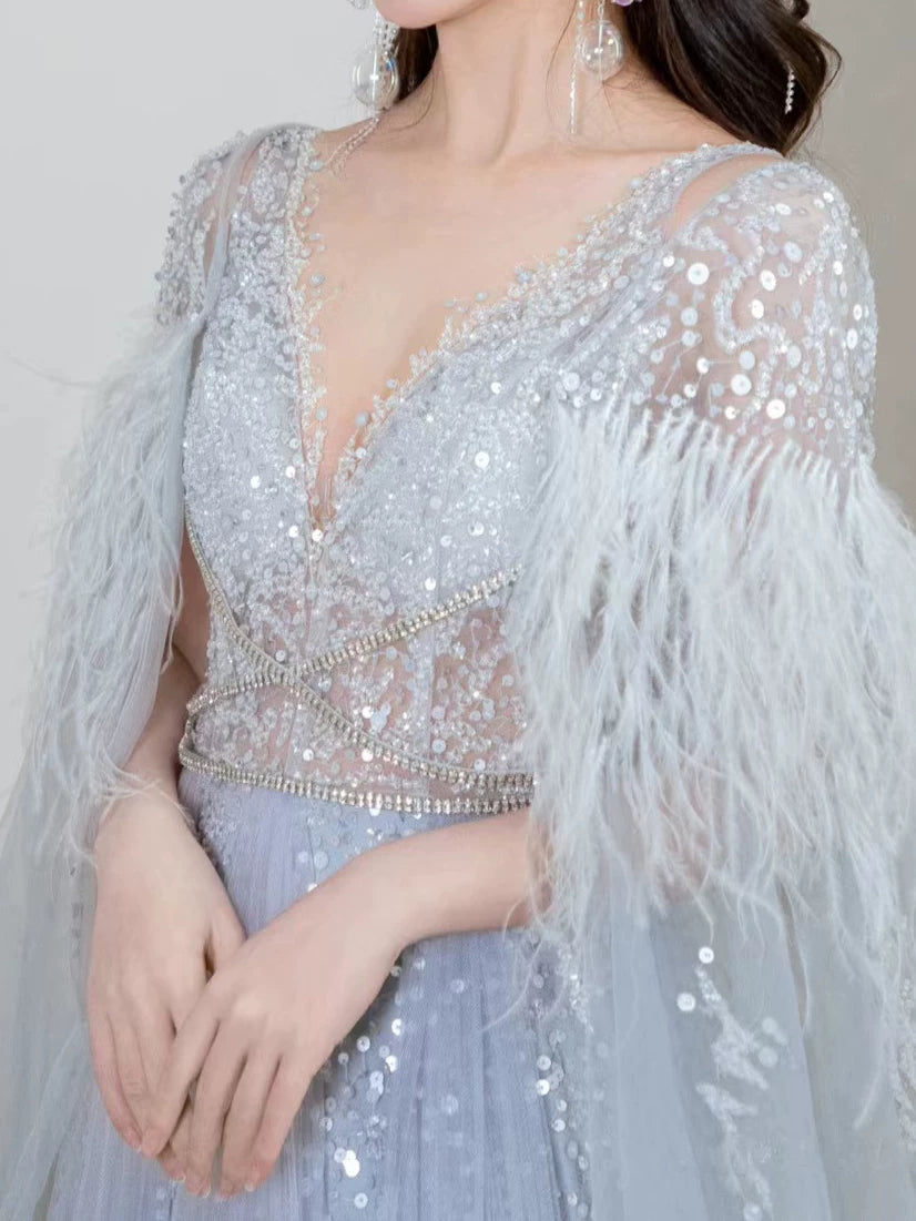 Elegant A Line V Neck Light Sky Blue Tulle Prom Dresses Inspiration Long Party Evening Dress 19th Birthday Outfits AB2300